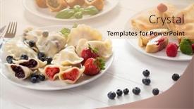  Presentation with smoothie strawberry and blueberries - Presentation with dumplings-with-strawberries-blueberries-pancakes background and a coral colored foreground