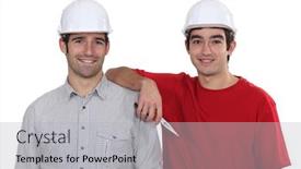  Presentation with duo - Colorful presentation enhanced with duo of craftsmen all smiles backdrop and a light gray colored foreground