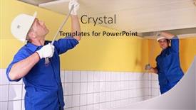  Presentation with electricians - Colorful slide set enhanced with duo of electricians working indoors backdrop and a coral colored foreground