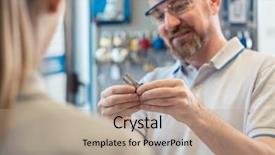  Presentation with locksmith - Audience pleasing PPT theme consisting of duplicity - locksmith showing woman key blanks backdrop and a coral colored foreground