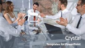  Presentation with team meeting - Cool new theme with business team applauds business partners backdrop and a gray colored foreground