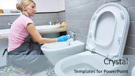  Presentation with cleaning service - Slides consisting of dust bowl - cleaning service woman clean toilet background and a  colored foreground