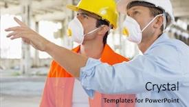  Presentation with discussion - PPT theme enhanced with male construction workers having background and a light blue colored foreground
