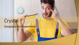  Presentation with carpenter - PPT theme enhanced with young repairman carpenter working cutting background and a coral colored foreground