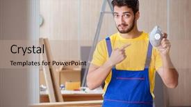  Presentation with young students working in groups - Colorful PPT theme enhanced with young repairman carpenter working cutting backdrop and a coral colored foreground