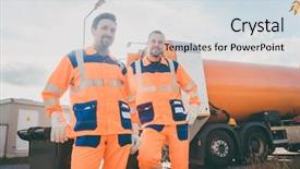  Presentation with garbage - Amazing presentation theme having dustbin - two garbage removal service workers backdrop and a sky blue colored foreground