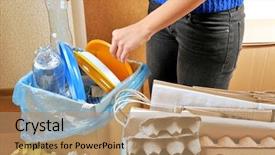  Presentation with waste - Colorful presentation design enhanced with dustbin - woman sorting different waste indoors backdrop and a coral colored foreground