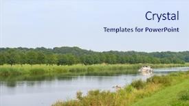  Presentation with boat river - Slide deck featuring dutch-river-with-little-motor background and a sky blue colored foreground