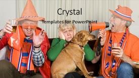  Presentation with soccer fans - Amazing PPT theme having dutch soccer fans looking to the television sitting on the bench backdrop and a soft green colored foreground