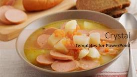  Presentation with dutch - Amazing slides having dutch soup with smoked sausage rookworst on a rustic table backdrop and a gold colored foreground