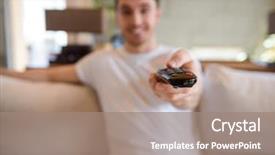  Presentation with greeiting show man - Amazing PPT layouts having dvd - closeup shot of remote controller backdrop and a coral colored foreground