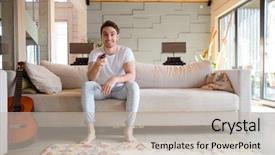  Presentation with controller - Colorful PPT layouts enhanced with dvd - full-length shot of man sitting backdrop and a mint green colored foreground