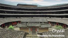  Presentation with village - Colorful presentation theme enhanced with dwelling place - hakka roundhouse tulou walled village backdrop and a gray colored foreground