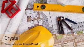  Presentation with project - Cool new presentation theme with dwelling place - yellow helmet project drawings backdrop and a gold colored foreground