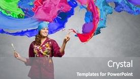  Presentation with brush - Cool new presentation design with dye color - young woman painter with brush backdrop and a gray colored foreground