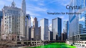  Presentation with green building - Presentation theme consisting of chicago skylines building along green background and a light blue colored foreground