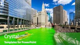  Presentation with green building - Colorful presentation theme enhanced with chicago skylines building along green backdrop and a shamrock green colored foreground