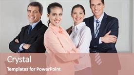  Presentation with dynamic system - Colorful slide set enhanced with dynamic happy busines team standing backdrop and a coral colored foreground
