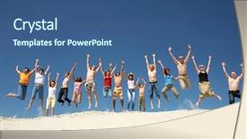  Presentation with crowd - PPT layouts featuring dynamic group - crowd of friends jumping background and a ocean colored foreground