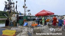  Presentation with fishing boat - Amazing slide deck having dziwnow-august-16-people-buy backdrop and a gray colored foreground