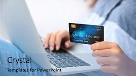  Presentation with credit card - Colorful PPT layouts enhanced with e banking service - woman hands using credit card backdrop and a teal colored foreground