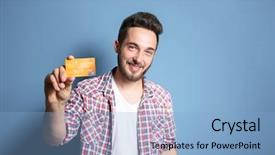  Presentation with credit card - Slide deck consisting of e banking service - young man holding credit card background and a light blue colored foreground