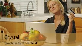  Presentation with credit card - Beautiful slide set featuring e banking solution - woman holding credit card backdrop and a gold colored foreground