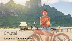  Presentation with electric bicycle - Presentation theme featuring e-bike tourist travel woman biking on electric bicycle rental in bora bora french polynesia tahiti island tourism summer vacations adventure fun cyclist on bike background and a lemonade colored foreground
