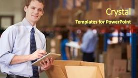  Presentation with using digital tablet - Amazing presentation theme having e business - manager in warehouse checking boxes backdrop and a tawny brown colored foreground