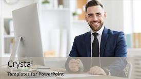  Presentation with successful - Audience pleasing slide set consisting of e comerce - young successful businessman in formalwear backdrop and a light gray colored foreground