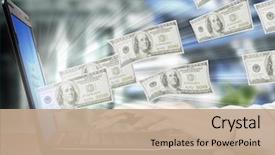  Presentation with notebook - Beautiful PPT theme featuring e commerce - businessman's hands on notebook money backdrop and a coral colored foreground