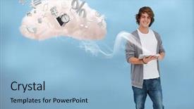  Presentation with cloud computing - Amazing slide deck having e commerce - casual young man using tablet backdrop and a light blue colored foreground