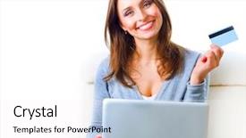  Presentation with online shopping - PPT theme featuring e commerce - happy woman shopping online background and a white colored foreground