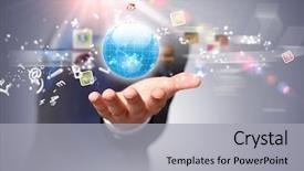  Presentation with media image - Slide set having e commerce - image of globe on palm background and a light gray colored foreground