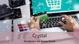  Presentation with credit card - PPT layouts with e commerce - internet shopping concept close up background and a coral colored foreground