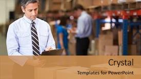  Presentation with warehouse - Audience pleasing presentation consisting of e commerce - manager in warehouse checking boxes backdrop and a gold colored foreground