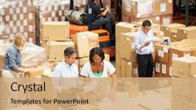  Presentation with dispatch - Colorful theme enhanced with e commerce - workers in warehouse preparing goods backdrop and a coral colored foreground
