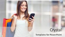  Presentation with shopping - PPT layouts having e commerce - young woman holding shopping bags background and a white colored foreground