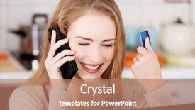  Presentation with phone - PPT theme having e commerce customers happy - beautiful caucasian woman talking background and a coral colored foreground