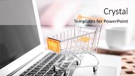  Presentation with marketing - Presentation theme having e commerce marketing - small shopping cart and laptop background and a white colored foreground
