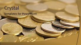  Presentation with pile - Cool new slide deck with e commerec tempelete - pile of coins close up backdrop and a yellow colored foreground