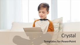  Presentation with computer - Audience pleasing presentation theme consisting of e entertainment - boy with tablet computer backdrop and a soft green colored foreground