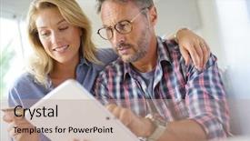  Presentation with online shopping and delivery - Colorful slide set enhanced with e entertainment - mature couple buying on internet backdrop and a coral colored foreground