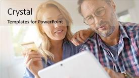  Presentation with internet and tv - Amazing slides having e entertainment - mature couple buying on internet backdrop and a coral colored foreground