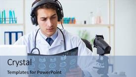  Presentation with listening - Slides featuring e health - male doctor listening to patient background and a light blue colored foreground