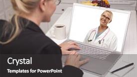  Presentation with chat - Presentation theme featuring e health - woman in kitchen using laptop background and a dark gray colored foreground