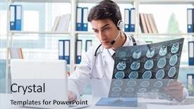  Presentation with telehealth - Presentation design enhanced with e health - young male doctor in telehealth background and a light blue colored foreground