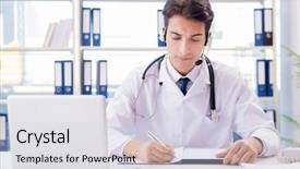  Presentation with telehealth - Colorful slide deck enhanced with e health - young male doctor in telehealth backdrop and a light gray colored foreground