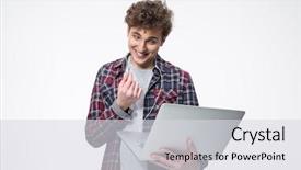  Presentation with chinese happy birthday backgrouds card - Slide set having e invited - happy man standing with laptop background and a  colored foreground