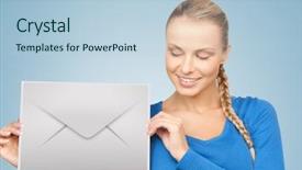  Presentation with virtual talk shows - PPT theme with e invited - picture of smiling woman showing background and a light blue colored foreground